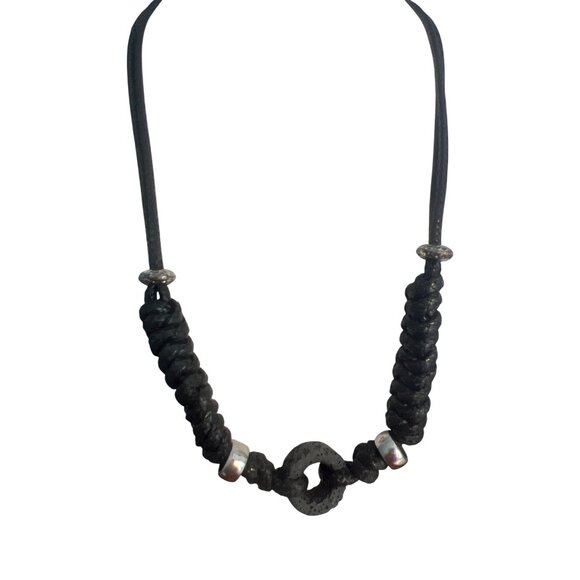 Black Braided Necklace Lava Rock Silver Tone Beads Button Clasp Unisex 19" - Picture 1 of 5